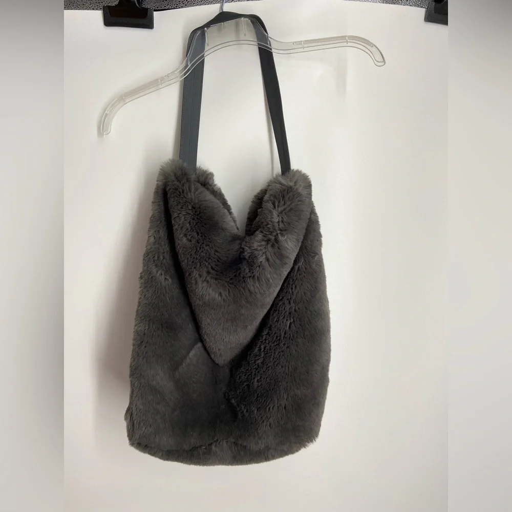 Evelyne Prelonge‎ Faux Fur Shoulder Bag with Pom Pom and Leather Strap Handle